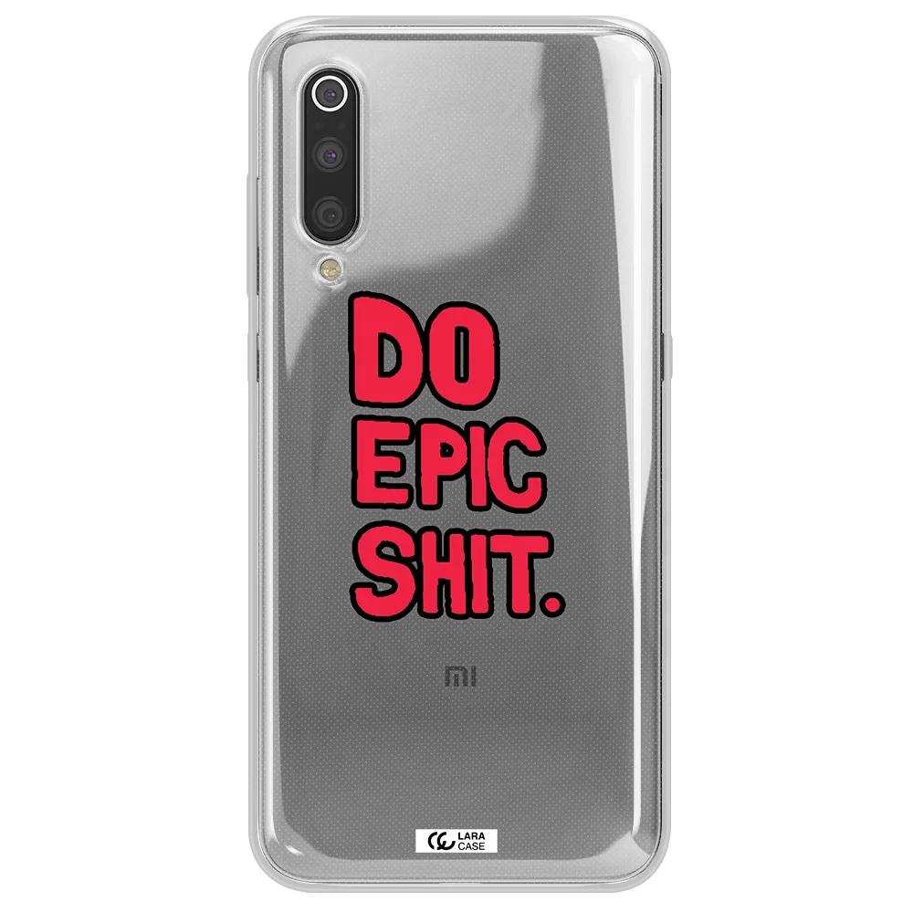 a red and black text Xiaomi Mi 9 Clear TPU Case