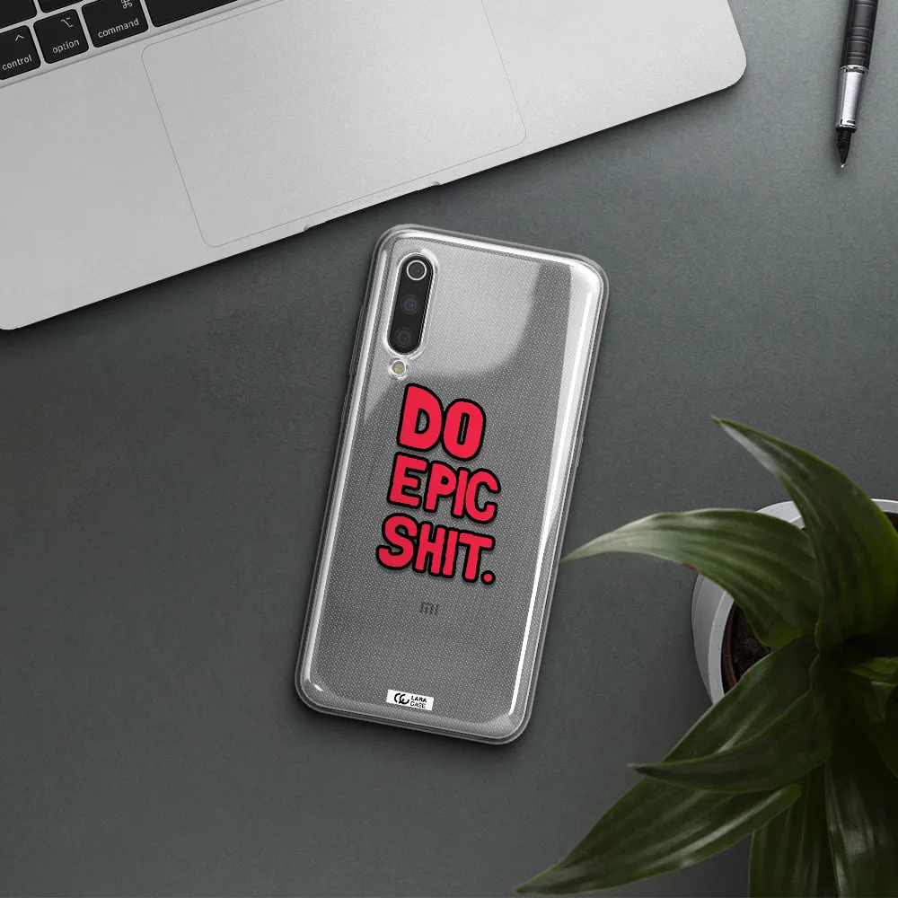 a red and black text Xiaomi Mi 9 Clear TPU Case