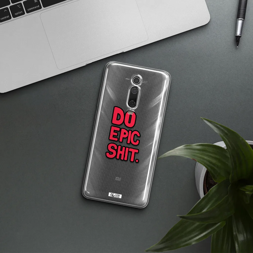 a red and black text Xiaomi Mi 9T Clear TPU Case