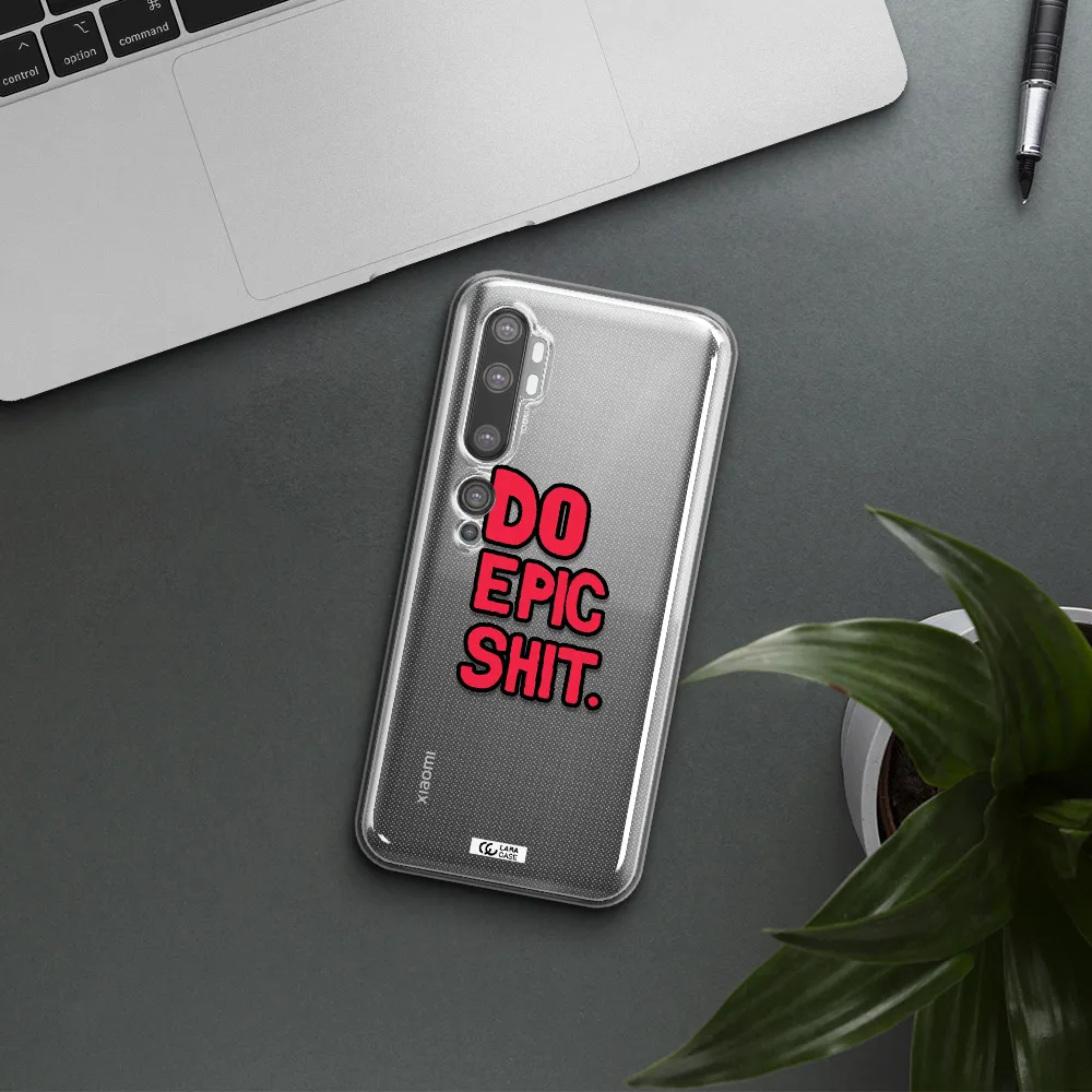a red and black text Xiaomi Mi Note 10 Clear TPU Case