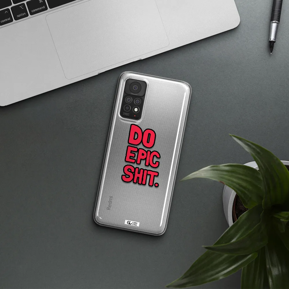 a red and black text Xiaomi Note 11 Pro Clear TPU Case