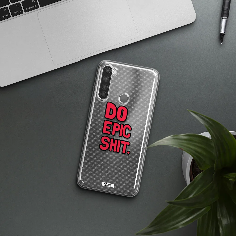 a red and black text Xiaomi Note 8 Clear TPU Case