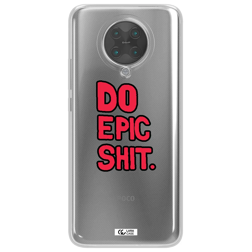 a red and black text Xiaomi Poco F2 Pro Clear TPU Case