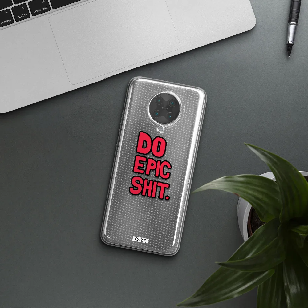 a red and black text Xiaomi Poco F2 Pro Clear TPU Case
