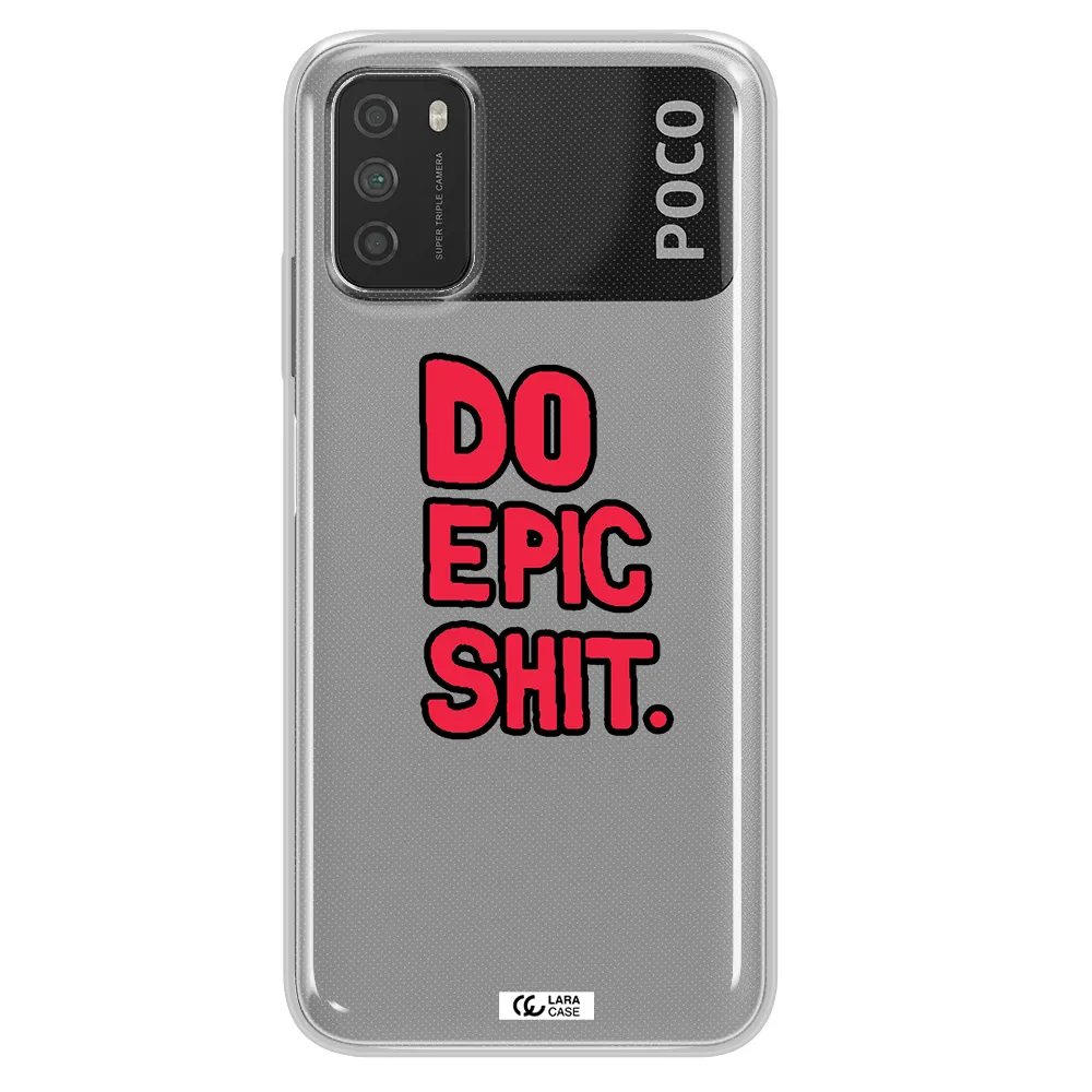 a red and black text Xiaomi Poco M3 Clear TPU Case