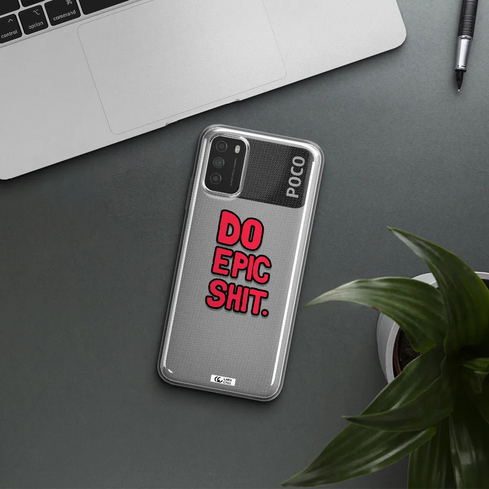a red and black text Xiaomi Poco M3 Clear TPU Case