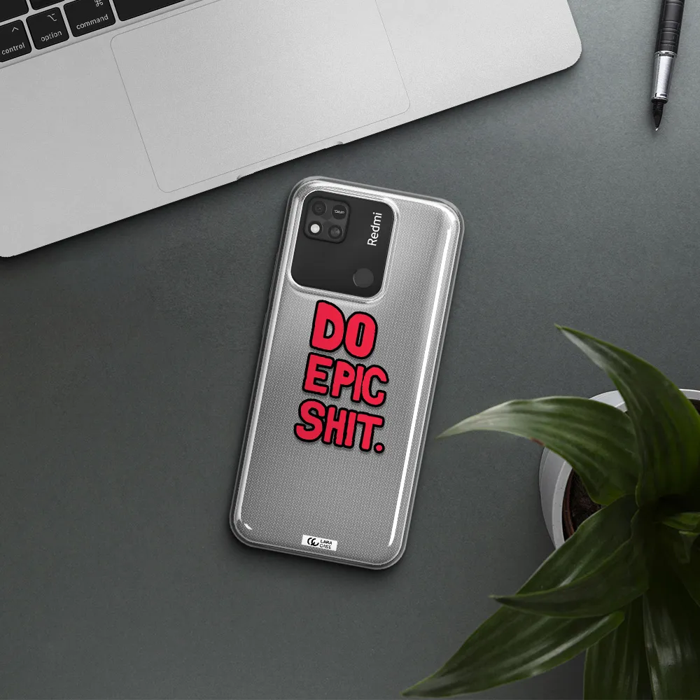 a red and black text Xiaomi Redmi 10A Clear TPU Case