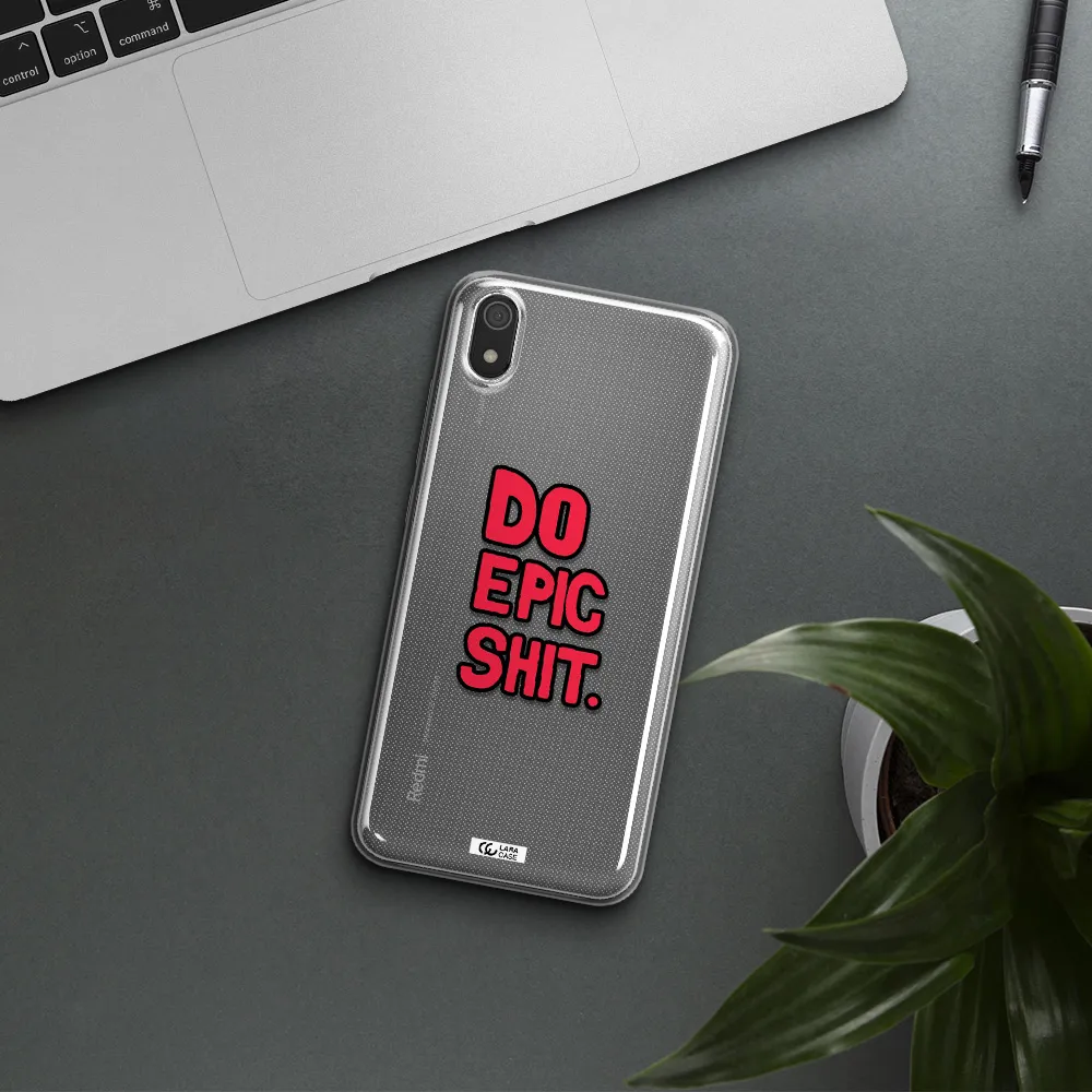 a red and black text Xiaomi Redmi 7A Clear TPU Case