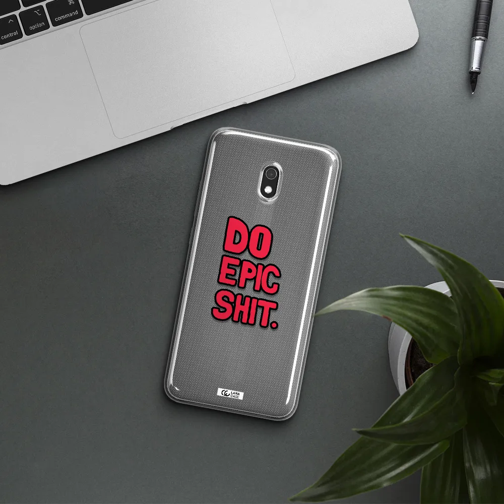 a red and black text Xiaomi Redmi 8A Clear TPU Case