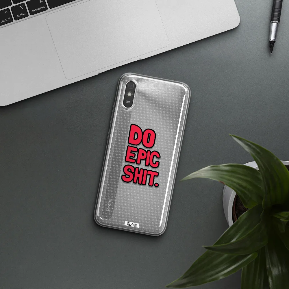 a red and black text Xiaomi Redmi 9A Clear TPU Case