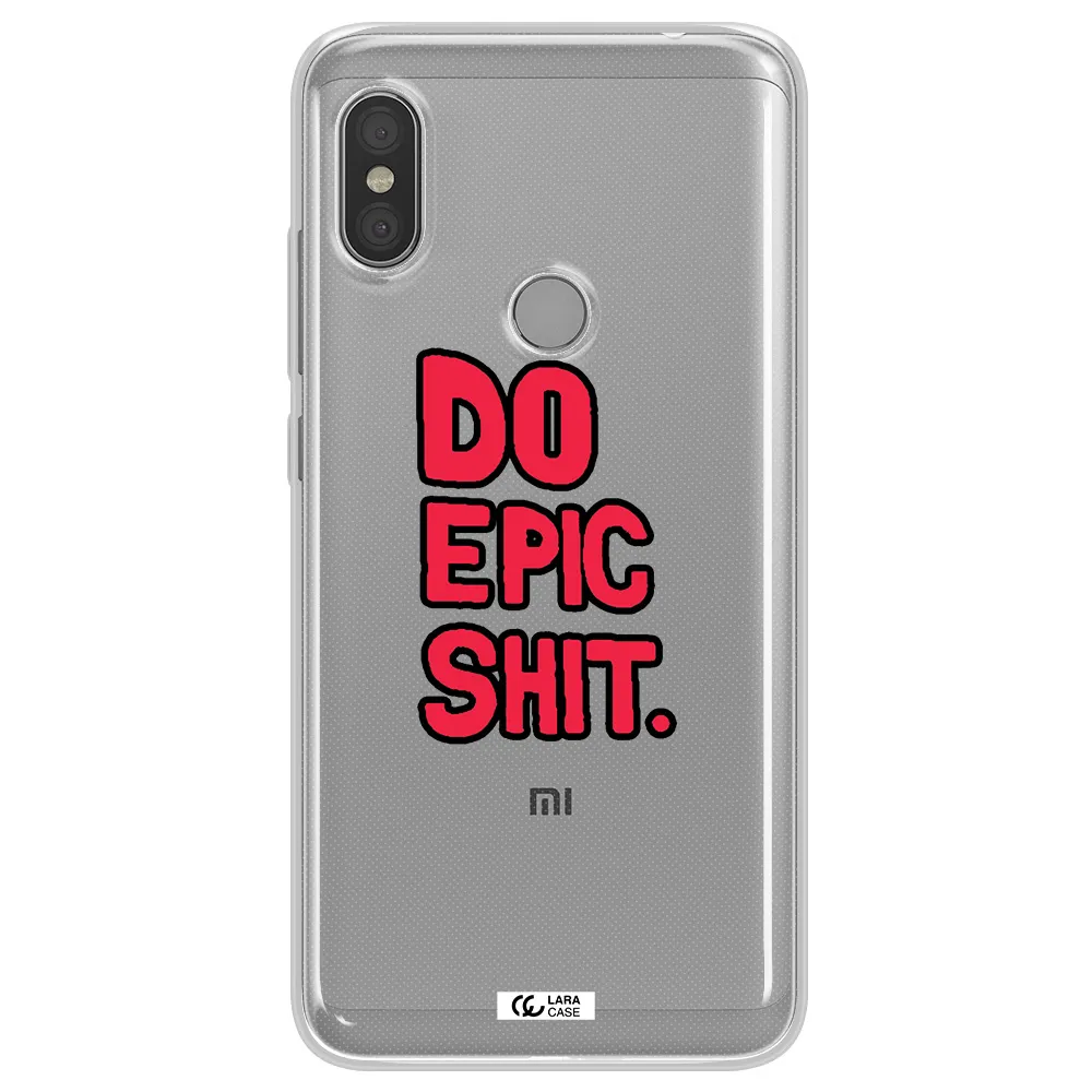 a red and black text Xiaomi Redmi Note 6 Pro Clear TPU Case