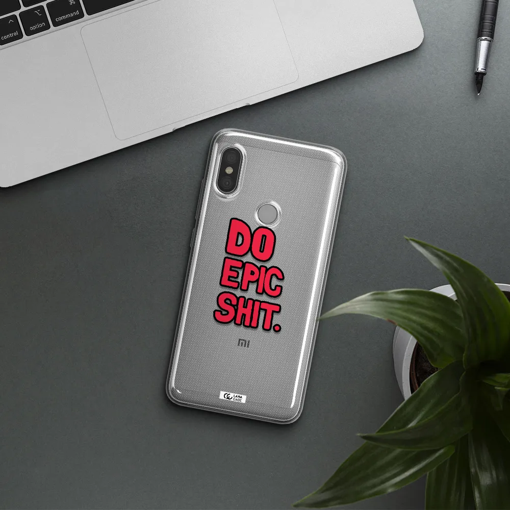 a red and black text Xiaomi Redmi Note 6 Pro Clear TPU Case