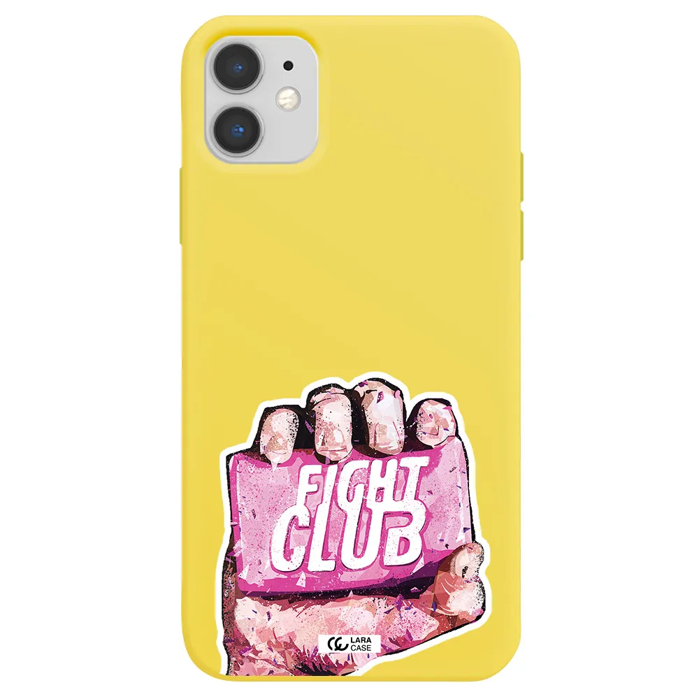 a hand holding a pink bag Apple iPhone 11 Silicone canary yellow Case