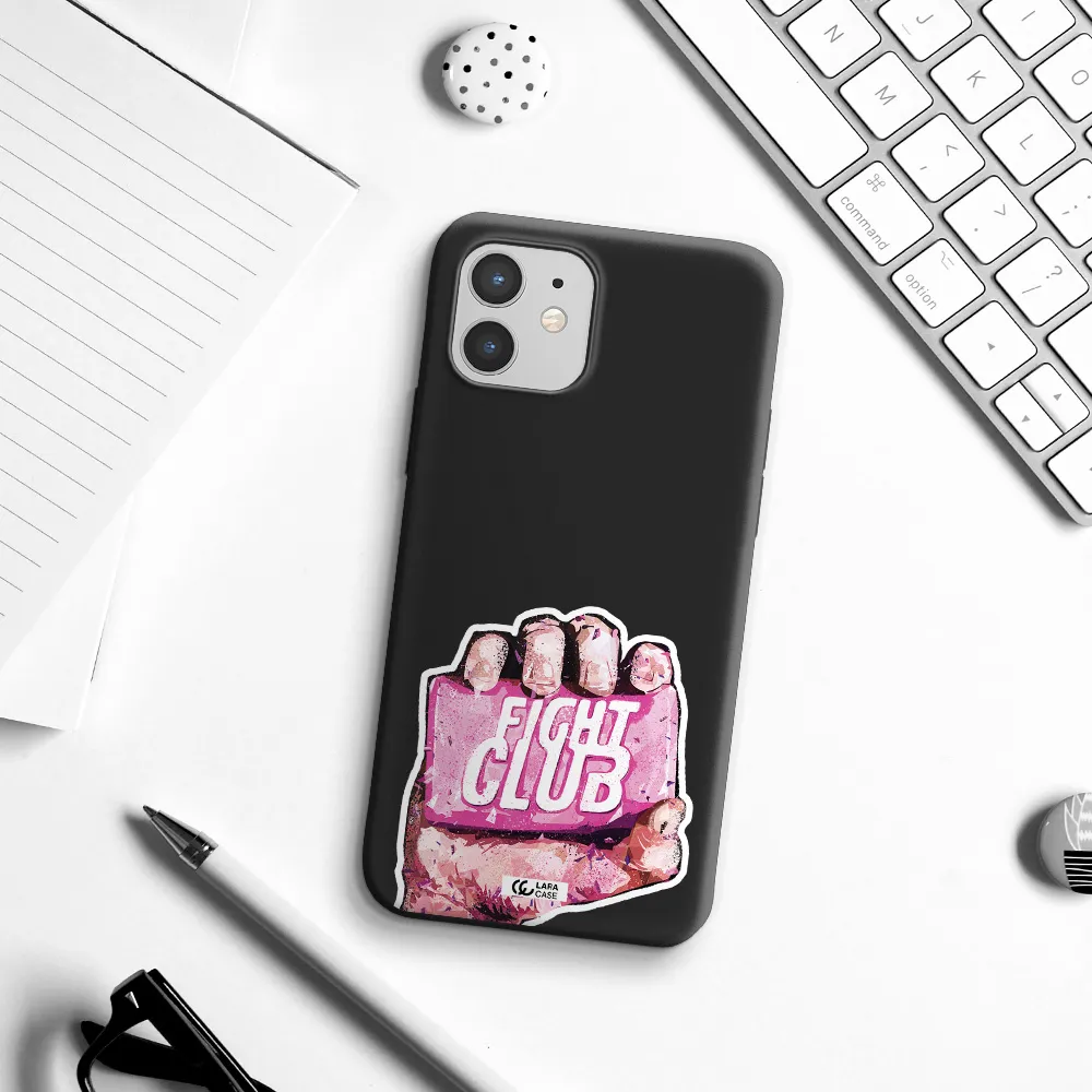 a hand holding a pink bag Apple iPhone 12 Silicone black Case