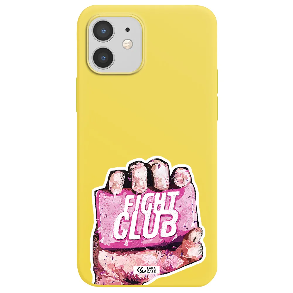 a hand holding a pink bag Apple iPhone 12 Silicone canary yellow Case