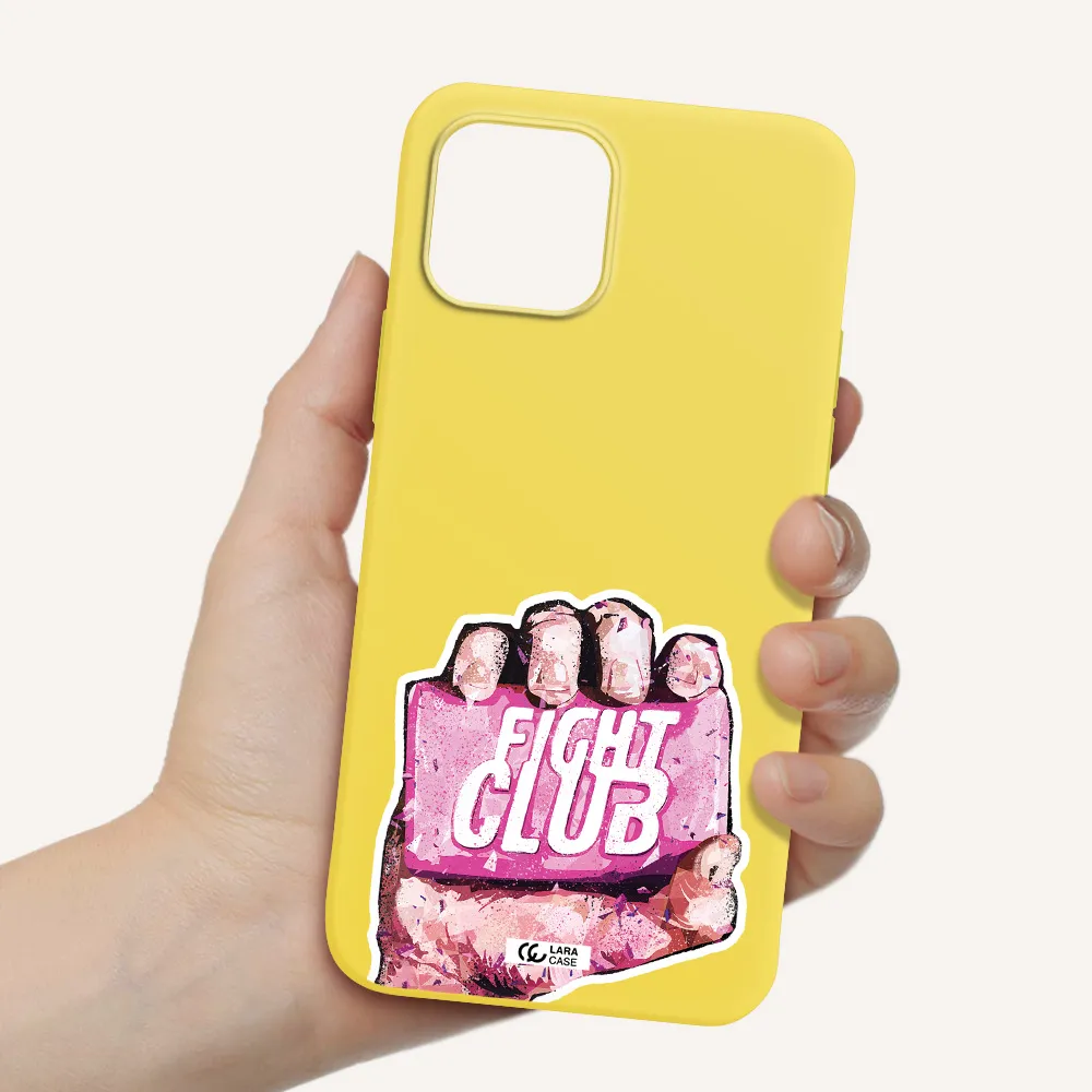 a hand holding a pink bag Apple iPhone 12 Silicone canary yellow Case