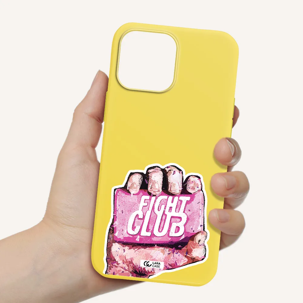 a hand holding a pink bag Apple iPhone 13 Pro Max Silicone canary yellow Case
