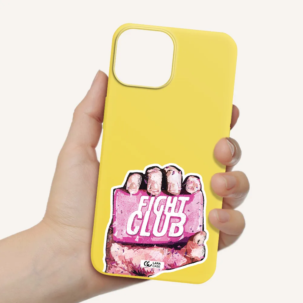 a hand holding a pink bag Apple iPhone 13 Silicone canary yellow Case