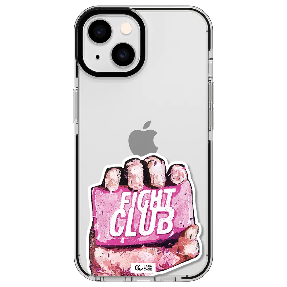 a hand holding a pink bag Apple iPhone 14 impact black border Case