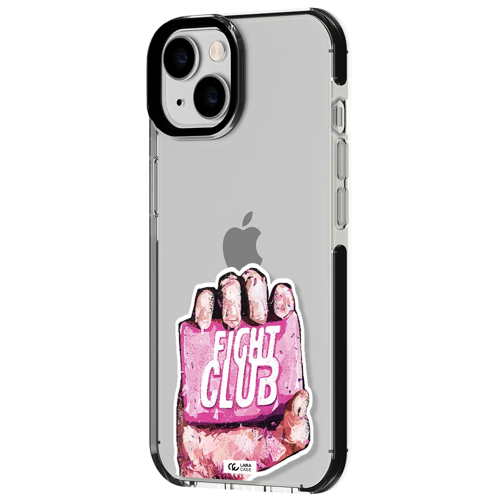 a hand holding a pink bag Apple iPhone 14 impact black border Case