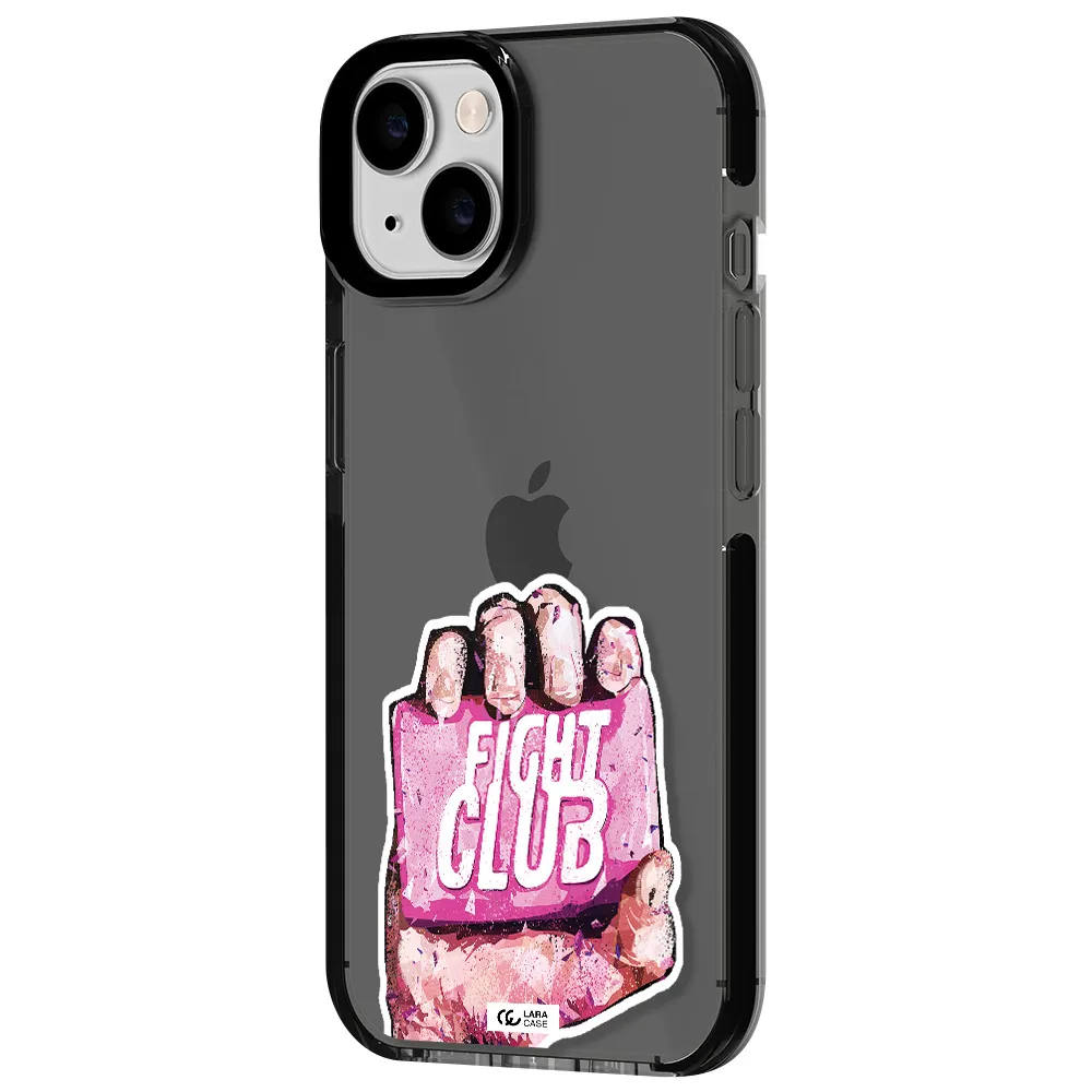 a hand holding a pink bag Apple iPhone 14 impact Smoke Black Case