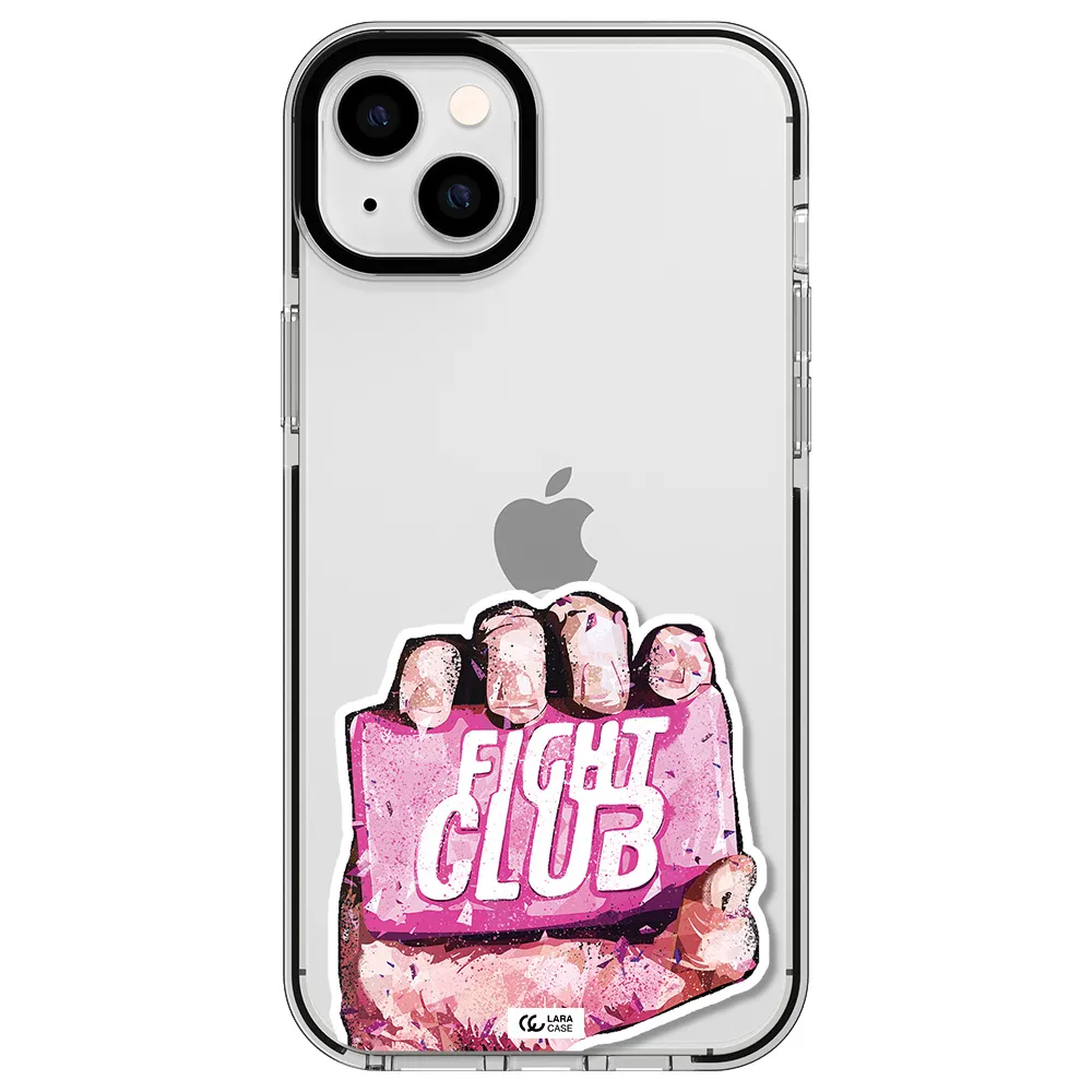 a hand holding a pink bag Apple iPhone 14 plus impact black border Case