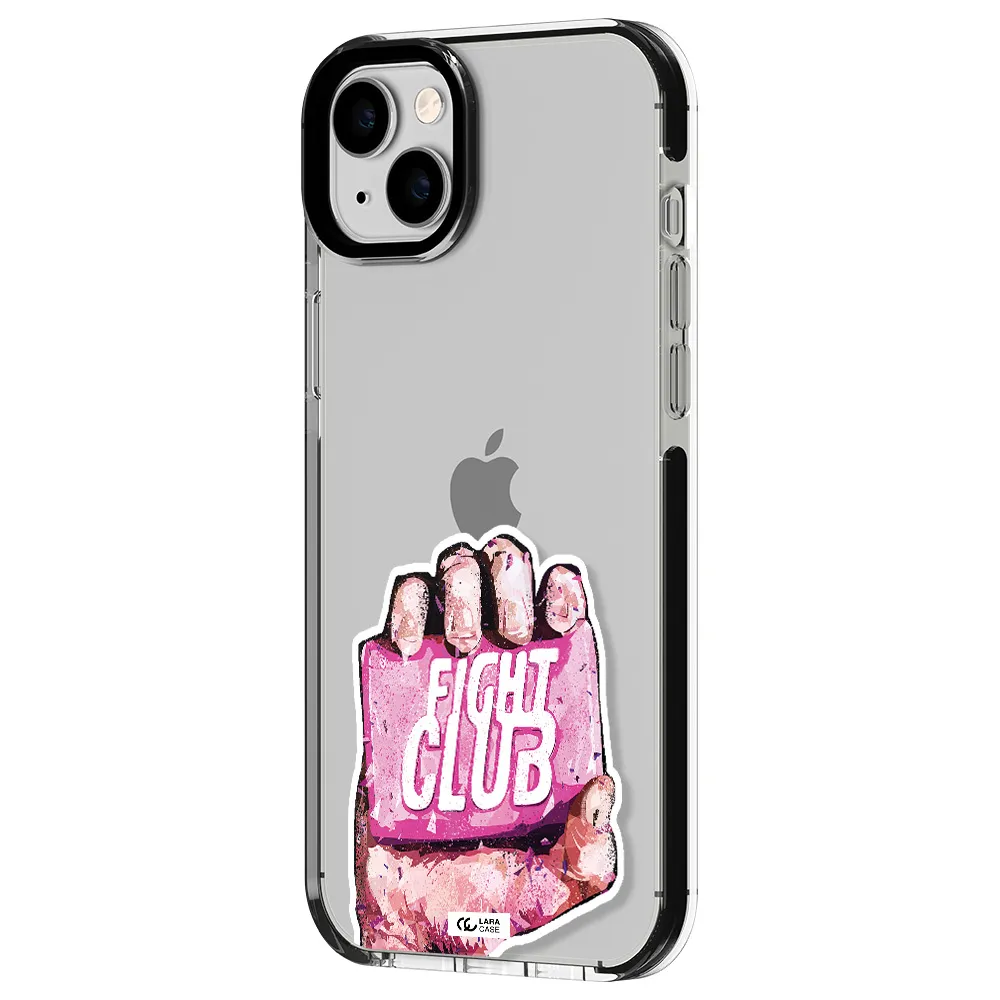a hand holding a pink bag Apple iPhone 14 plus impact black border Case