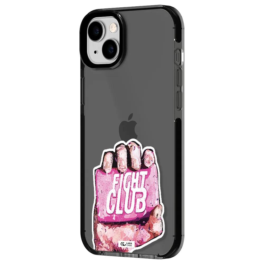 a hand holding a pink bag Apple iPhone 14 plus impact Smoke Black Case