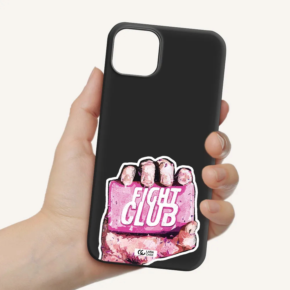 a hand holding a pink bag Apple iPhone 14 plus Silicone black Case