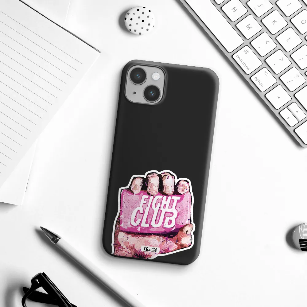 a hand holding a pink bag Apple iPhone 14 plus Silicone black Case