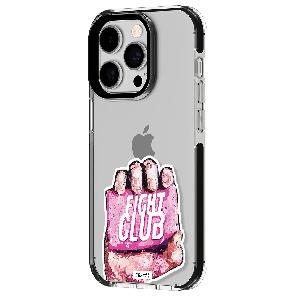 a hand holding a pink bag Apple iPhone 14 pro impact black border Case