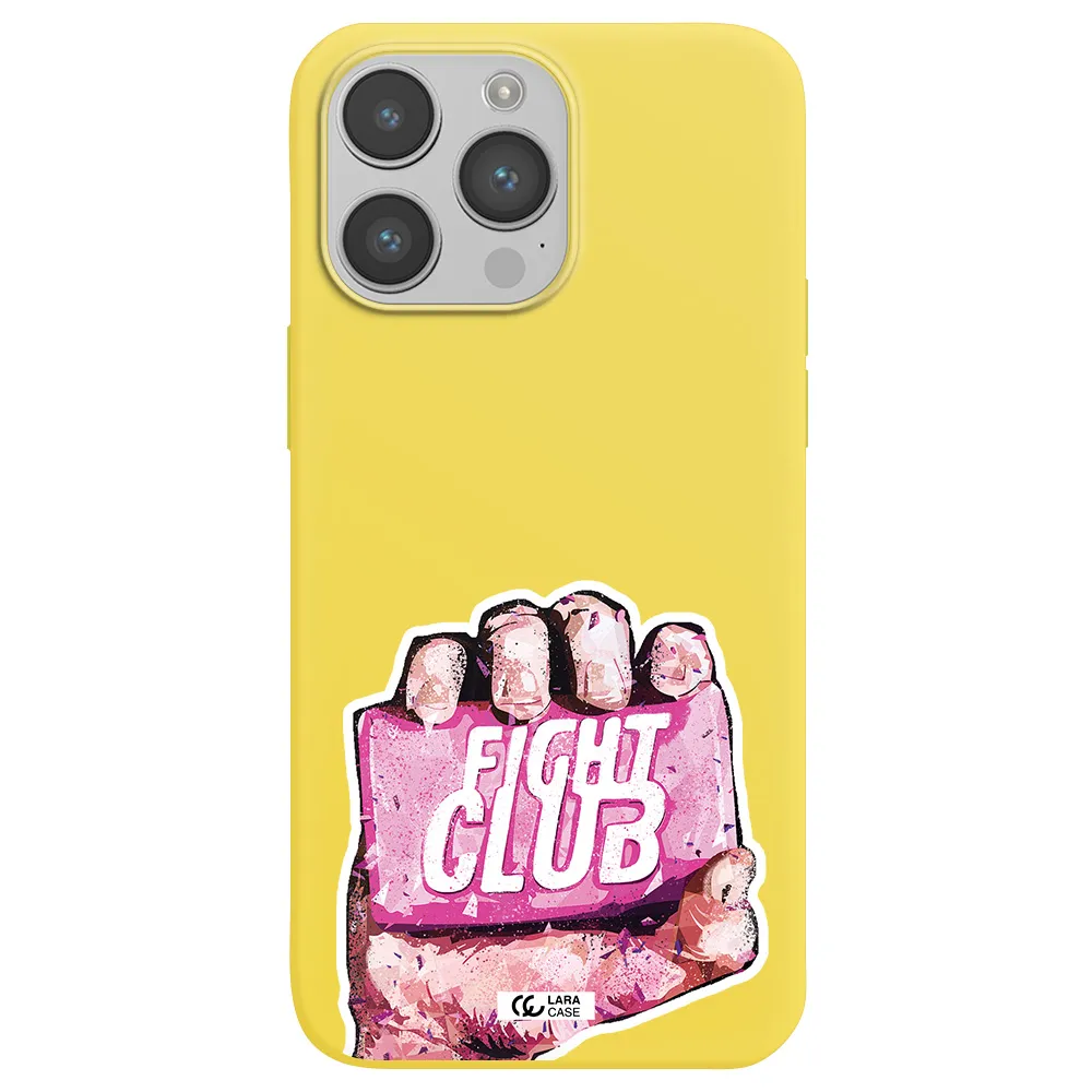 a hand holding a pink bag Apple iPhone 14 pro max Silicone canary yellow Case