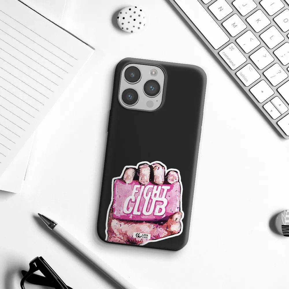 a hand holding a pink bag Apple iPhone 14 pro Silicone black Case