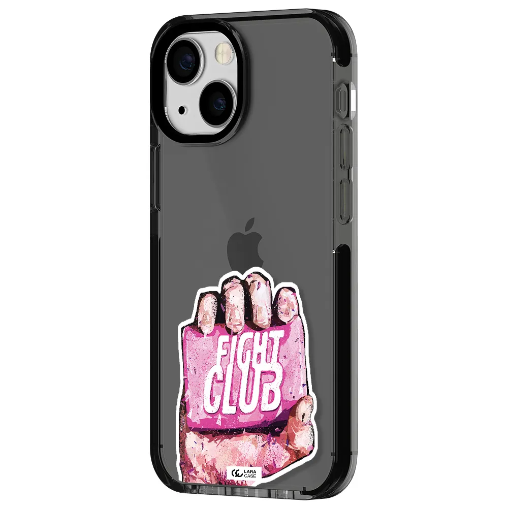 a hand holding a pink bag Apple iPhone 15 impact Smoke Black Case