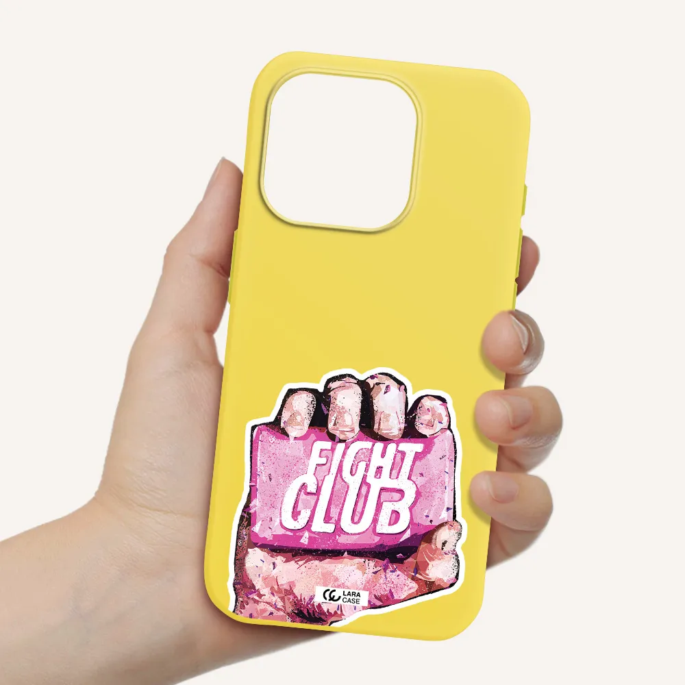 A Hand Holding A Pink Bag Apple Iphone 15 Pro Silicone Canary Yellow Case