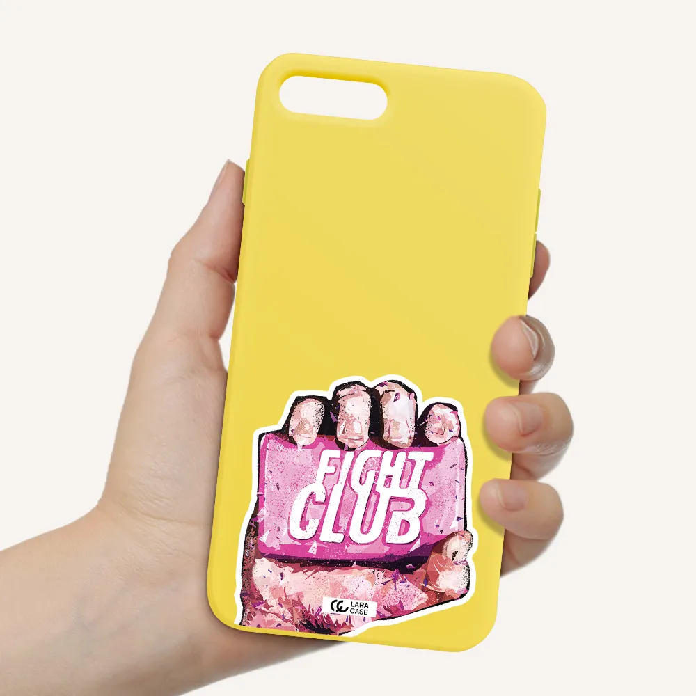 a hand holding a pink bag Apple iPhone 8 plus Silicone canary yellow Case