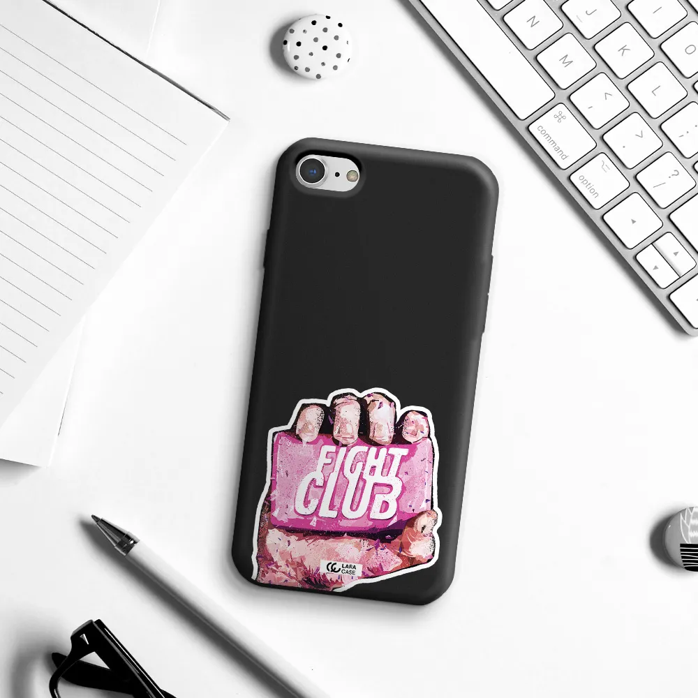 a hand holding a pink bag Apple iPhone 8 Silicone black Case