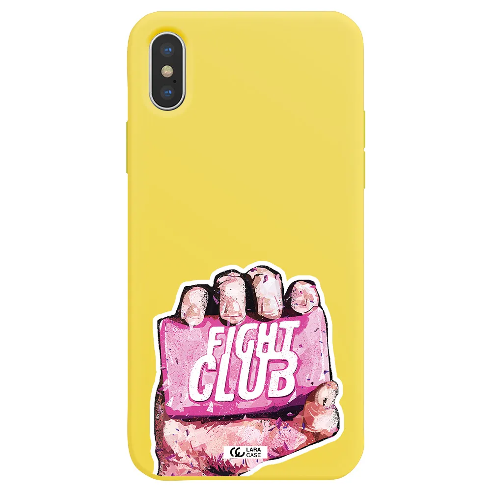 a hand holding a pink bag Apple iPhone X Silicone canary yellow Case