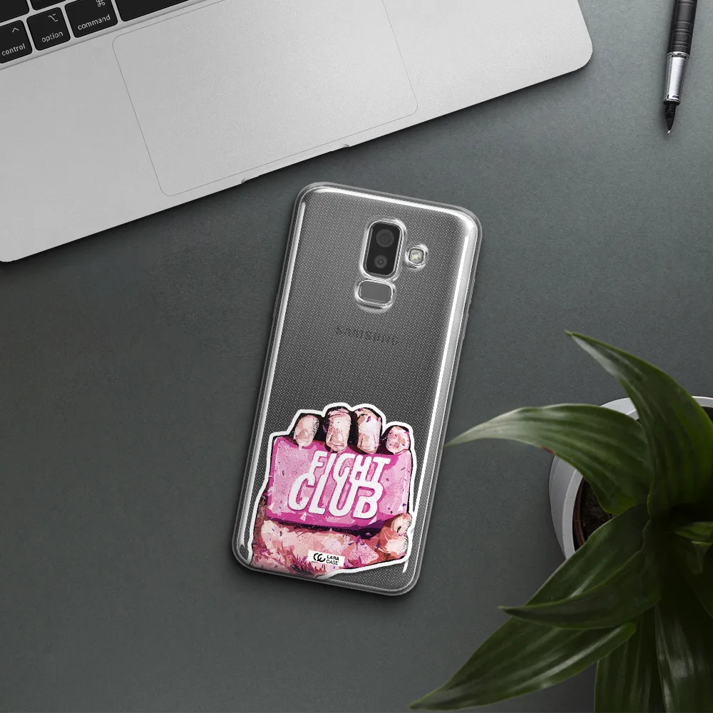 a hand holding a pink bag Samsung J8 Clear TPU Case