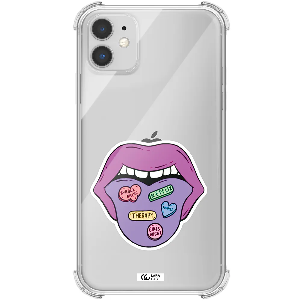 a purple lips with different colored hearts on it Apple iPhone 11 Clear PC Case