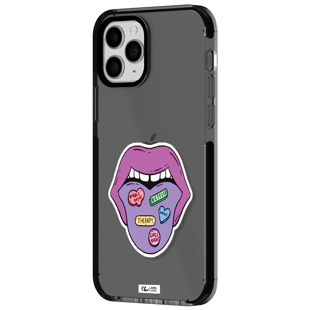 a purple lips with different colored hearts on it Apple iPhone 11 pro max impact Smoke Black Case