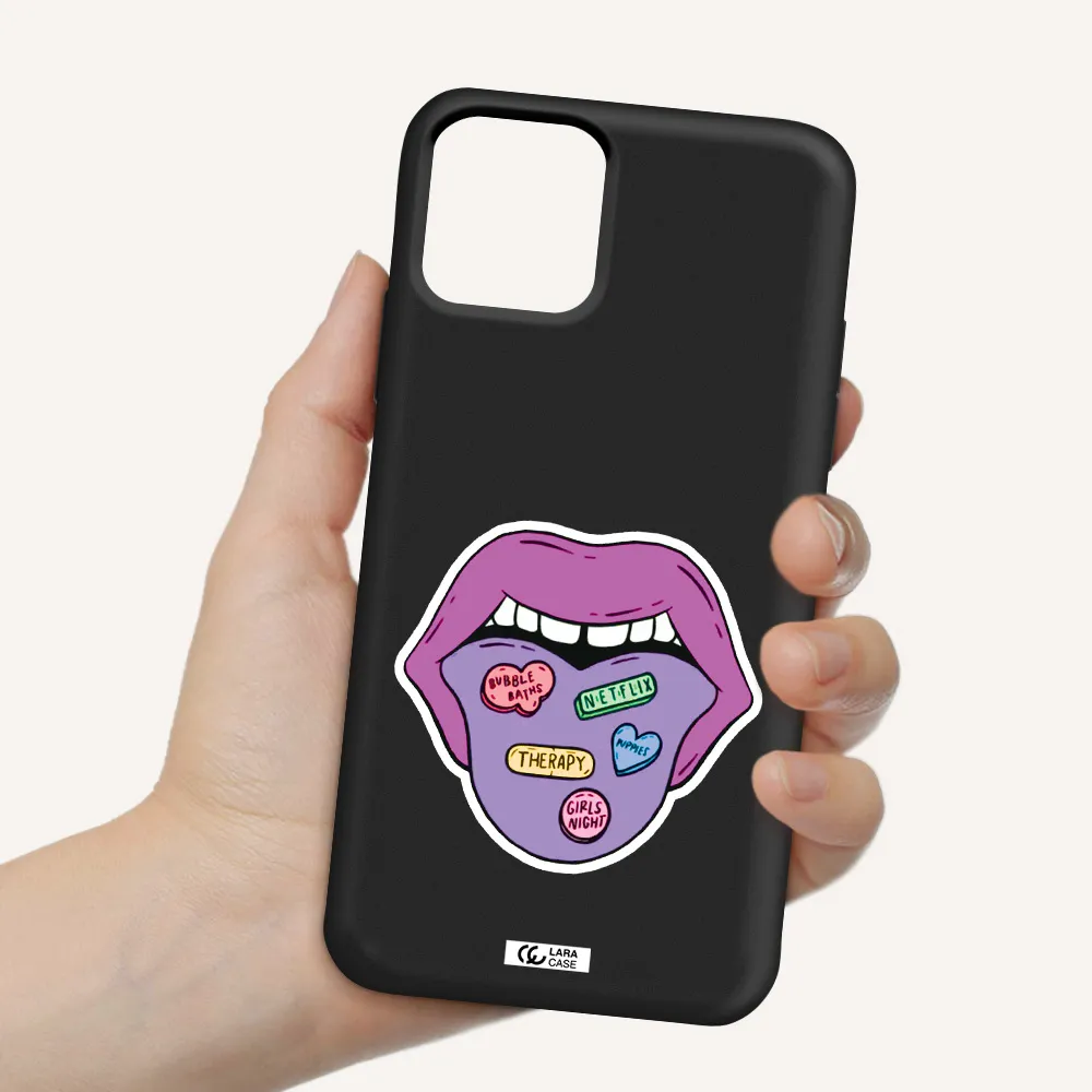 a purple lips with different colored hearts on it Apple iPhone 11 pro max Silicone black Case