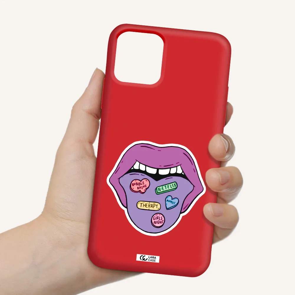 a purple lips with different colored hearts on it Apple iPhone 11 pro max Silicone Imperial Red Case