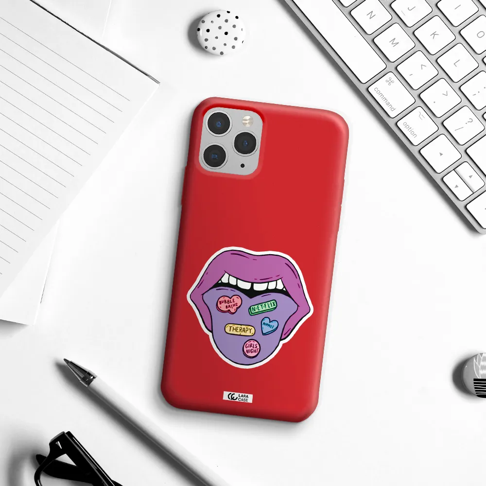 a purple lips with different colored hearts on it Apple iPhone 11 pro max Silicone Imperial Red Case