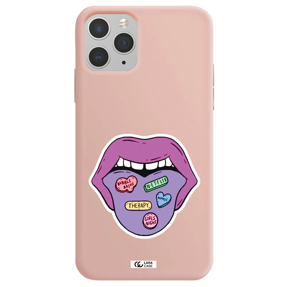 a purple lips with different colored hearts on it Apple iPhone 11 pro max Silicone pastel pink Case