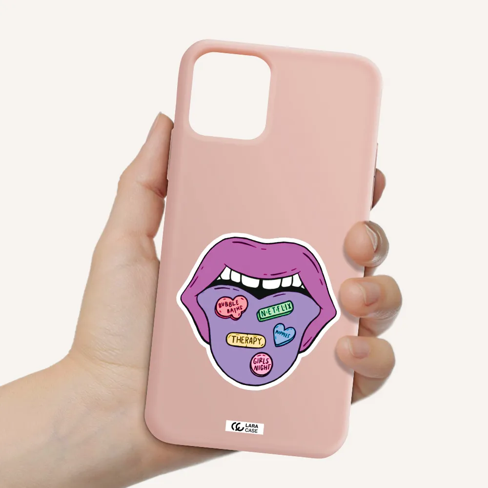 a purple lips with different colored hearts on it Apple iPhone 11 pro max Silicone pastel pink Case