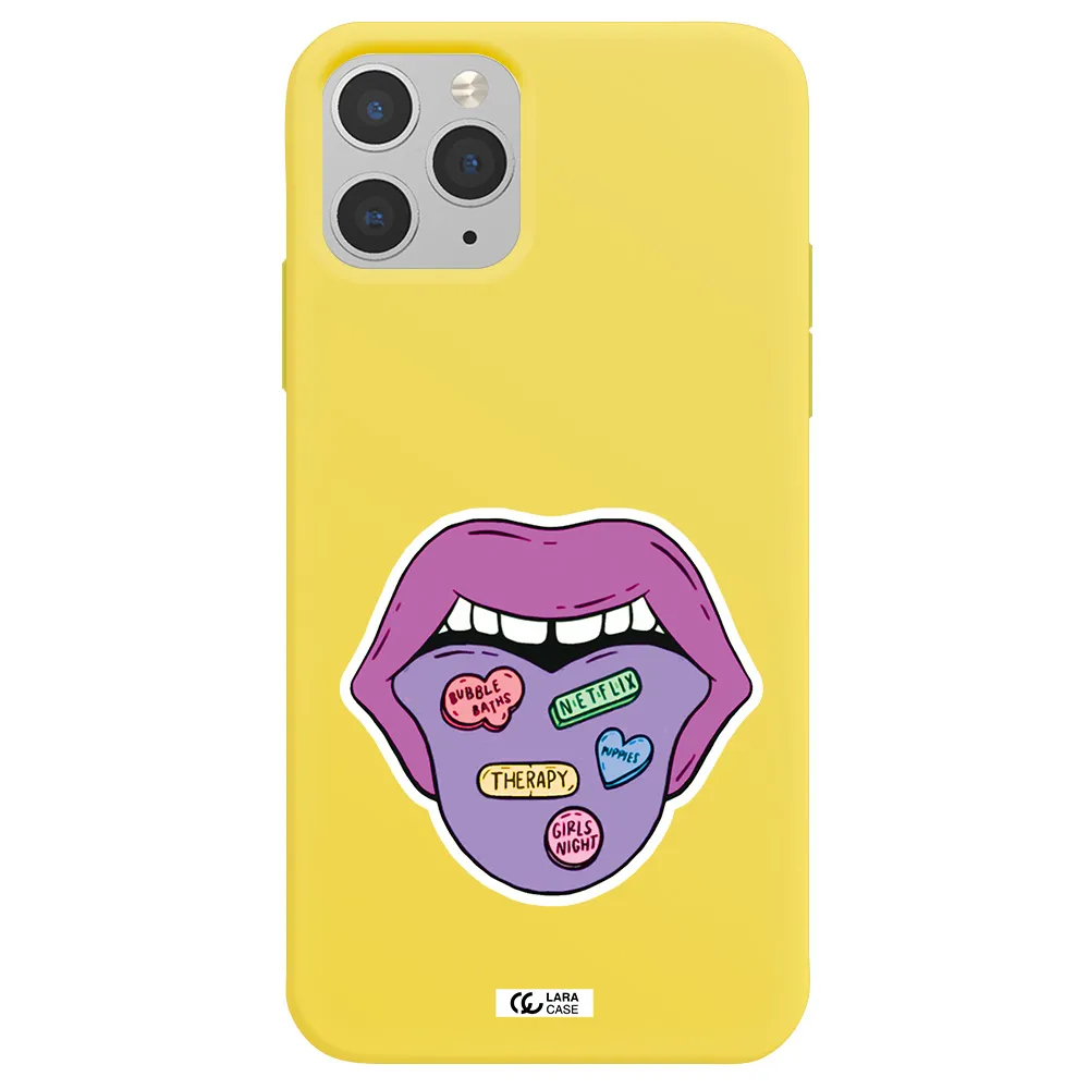 a purple lips with different colored hearts on it Apple iPhone 11 pro Silicone canary yellow Case