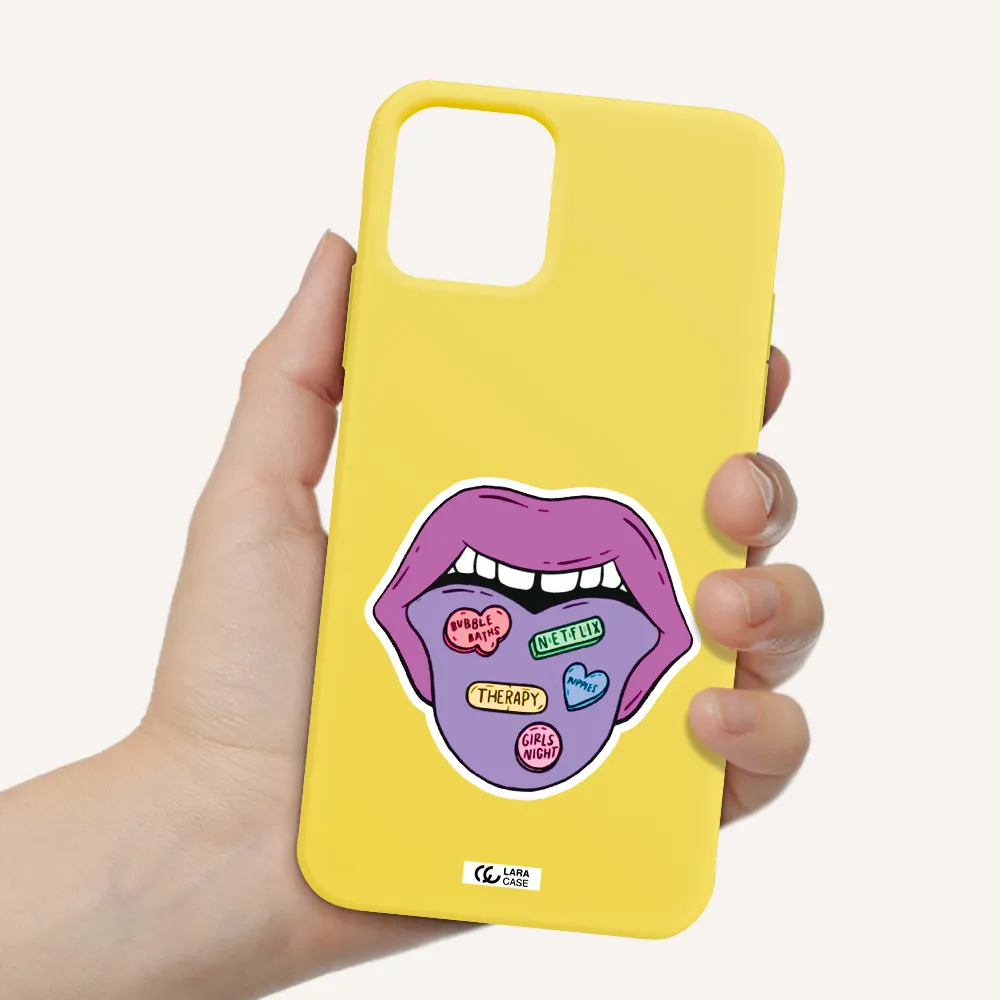 a purple lips with different colored hearts on it Apple iPhone 11 pro Silicone canary yellow Case