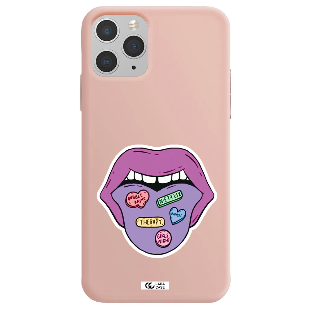 a purple lips with different colored hearts on it Apple iPhone 11 pro Silicone pastel pink Case