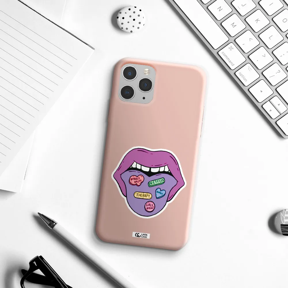 a purple lips with different colored hearts on it Apple iPhone 11 pro Silicone pastel pink Case
